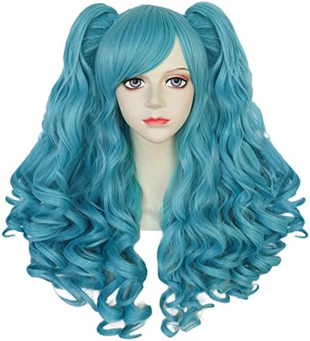 ANOGOL Blue Pigtail Wig for Women Long Cyan Curly Wig Double Pigtail Wigs