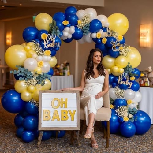 Image of Blue Yellow Balloons Garland Double Stuffed Pearl Yellow White Royal Blue Balloon Arch Kit for Wedding Bridal Baby Shower Lemon Birthday Party Decoration