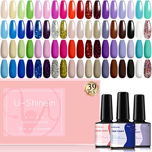 U-Shinein 36 Colors Gel Nail Polish Kit, Pastel Rainbow Macaroon Glitter Gel Polish All Seasons LED UV Soak Off Nail Gel Collection for Salon Beginner Manicure with Base Coat Matte + Glossy Top Coat