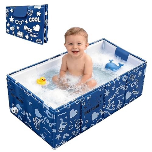 Baby Bathtub 5-Layer Anti-Tear Foldable Toddler Bath Tub with Padded Bottom Drain Plug Portable Collapsible Baby Bath for Travel Shower Sink Indoor & Outdoor 6 Months to 5 Years