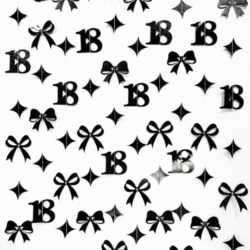 Image of Black 18th Bow Birthday Decorations Glitter Conquette Bow Garland Streamer Banner Backdrop for Girls Boys Happy 18th Birthday Time to Adult Cheers to 18 Years Old Anniversary Party Supplies