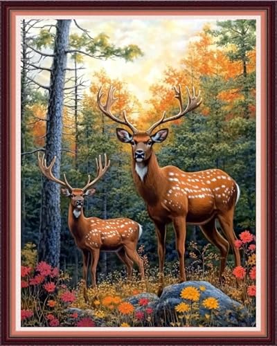 Image of Fanxvivy Stamped Cross Stitch Kits for Beginners Full Range of Cross Stitching Preprinted Embroidery Kits for Adults, 11CT Embroidery Pattern Needlepoint Kits-Deer Flower 16x20 inch