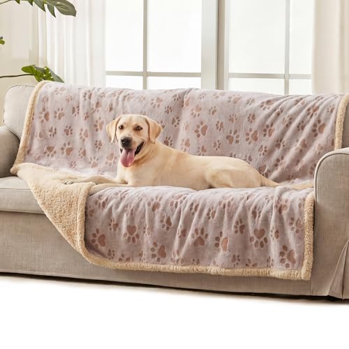Image of Luciphia Waterproof Pet Blankets Whith Paw Print for Couch Sofa Bed Cover, Liquid Pee Proof Soft Fluffy Dog Blanket Washable, Reversible Furniture Protection Puppy Cat, Khaki, Large(65 inch x 57 inch)