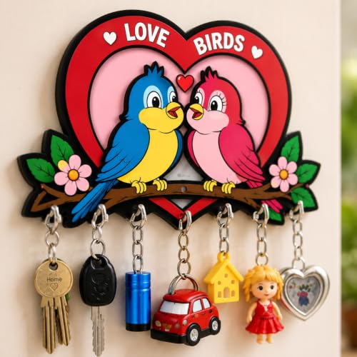Image of Love Birds Wooden Key Holder for Wall | 7 Hooks Decorative Key Hanger for Home Entrance | Romantic Couple Bird Wall Decor | Key Stand Organizer | Housewarming, Gift