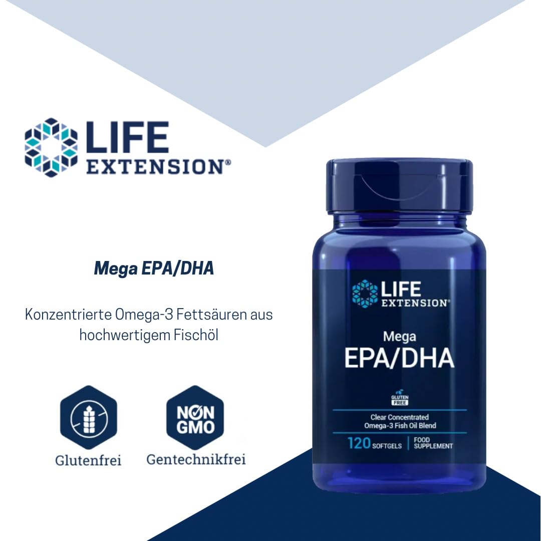Life Extension - Mega EPA/DHA 120 Weichkapseln – Unterstützt Herzgesundheit, kognitive Funktion und Sehkraft, Hochwertiges Fischöl