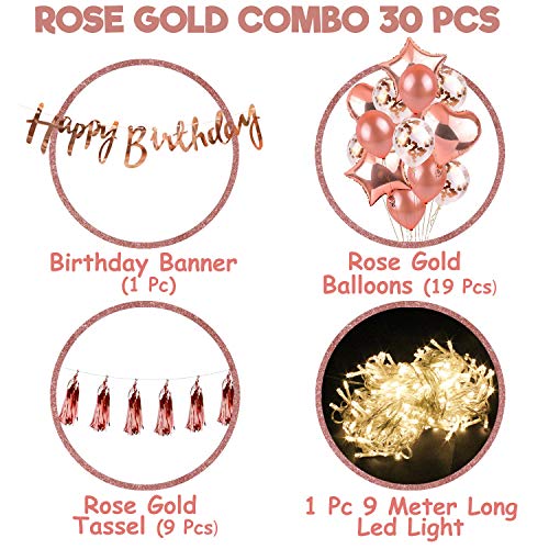 Image of Party Propz Rubber Rose Gold Birthday Decoration Kit-30Pcs Happy Birthday Banner With Happy Bday Ballons Banner LED Light And Tassel For Baby Girls, Boys, Women, Wife Theme Celebration Items