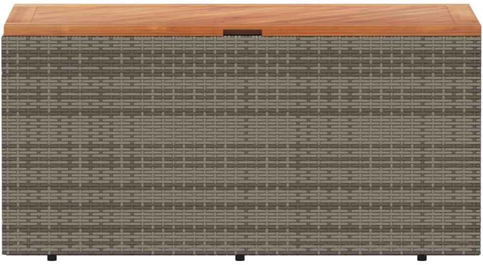 44x20x21 Grey Rattan Outdoor Storage Bench, Acacia Seat, Deck Box for Cushions/Toys, Seats 2