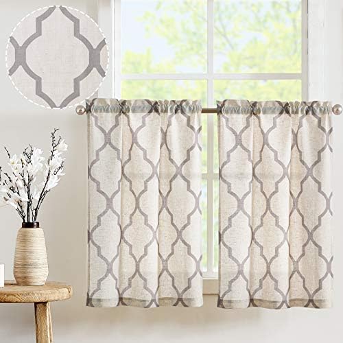 jinchan Linen Kitchen Curtains 24 Inch Moroccan Tile Tier Curtains Geometric Lattice Cafe Curtains Farmhouse Floral Short Window Curtains Country Rustic Voile for Bathroom RV 2 Panels Grey on Beige