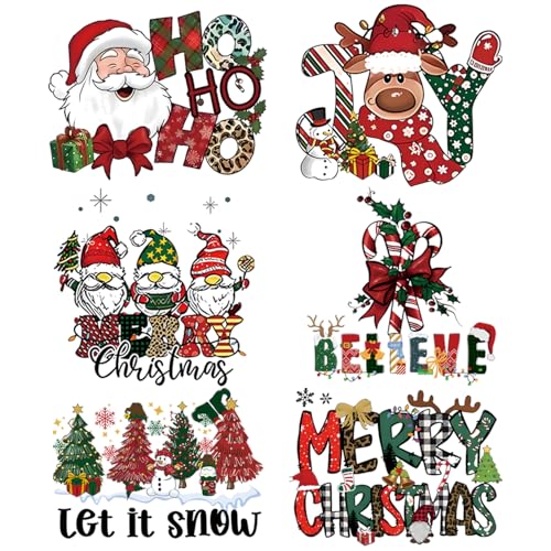 6 Pcs Christmas Iron On Transfers for Tshirts Santa Candy Cane Reindeer Christmas Dtf Transfers Ready to Press for T-Shirts Clothes Pillow Hoodie DIY Crafts
