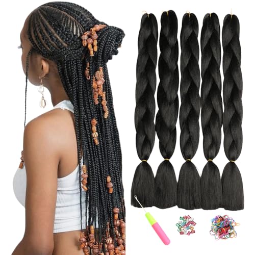ShowJarlly 5 Piezas Negro Extensiones Pelo Africanas Trenzas, 24' Sintetico Pelo Trenzas Africanas Extensiones de Trenzado de Cabello Para Ganchillo Trenzado de Extensiones