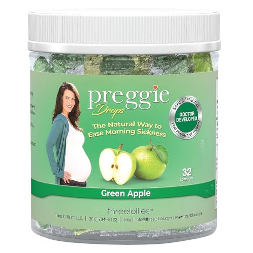 Image of Three Lollies Preggie Drops Pregnancy Nausea Relief Drops with Essential Oils, Morning Sickness and Queasy Stomach Support for Pregnant Women, Green Apple, 32 Count