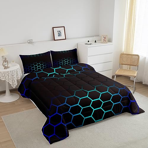 Image of Geometrics Honeycomb Comforter Set Full, Abstract Ombre Honeycomb Bedding Set for Kids Beehive Hexagon Comforter Simplistic Duvet Set 3Pcs