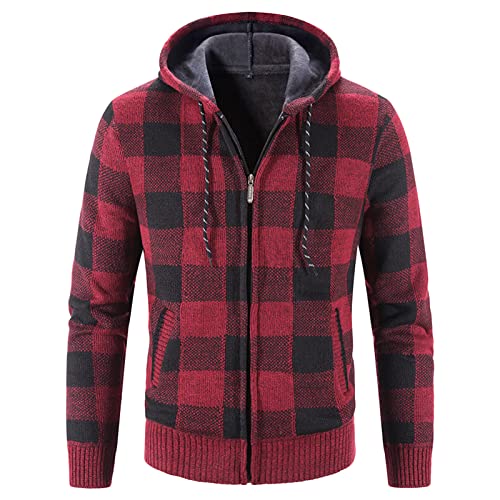 Maiyifu-GJ Men Sherpa Lined Full Zip Hooded Plaid Slim Fit Flannel Hoodies Shirt Jacket Fleece Thick Casual Cardigan Sweater (Red,3X-Large)