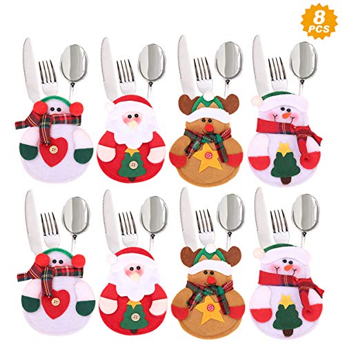 Aitsite 8 Piezas Navidad Cocina Cubiertos Cuchillo Tenedor Cuchara Papá Noel Muñeco Nieve Alce Cuchillo Porta Bolsas Decoraciones para Mesa...