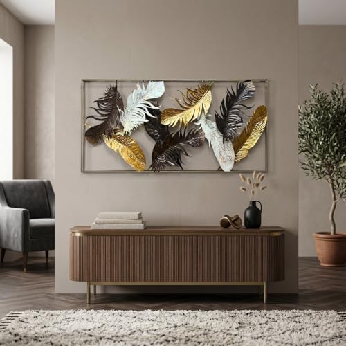 Image of Large 3D Metal Wall Art for Living Room - Framed Feather Wall Showpiece - Modern Sofa Back Wall Decoration Items & Aesthetic Bedroom Wall Hanging Decor - Big Size Home Interior Frame (Gold & Black)