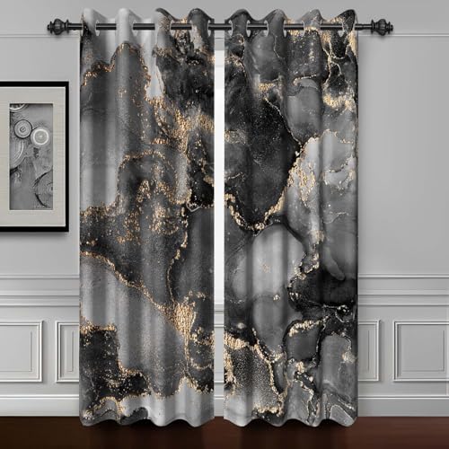 Baocicco Black Gray Gold Marble Window Curtains for Bedroom Art Design Black Gold Marble Drapes for Living Room Modern Luxury Gold Texture Marble Blackout Curtain with Grommet 2 Panels 42x84 Inch