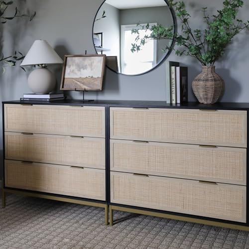 Image of Nathan James Andrew 3-Drawer Chest Rattan Dresser, Bohemian Deep Drawer Dresser for Bedroom with Natural Rattan Accent and Metal Legs, Matte Black, Set of 2