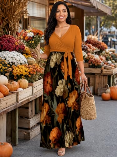 Image of Plus Size Maxi Dress for Women V Neck Flowy Dresses with Pockets for Wedding Guest Church