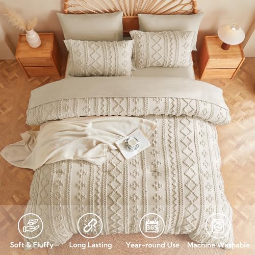 Image of MR&HM Tufted Boho Comforter Set Queen, Linen Farmhouse Bedding Set, Bed in a Bag Set 7 Pieces with 1 Comforter, 2 Pillow Shams, 2 Pillowcases, 1 Flat Sheet, 1 Fitted Sheet for All Seasons