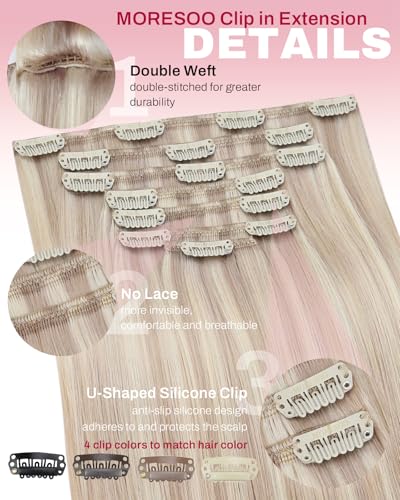 Image of Moresoo Blonde Highlight Clip in Hair Extensions Ash Blonde with Bleach Blond Remy Clip in Human Hair Extensions Straight Double Weft 120g /7pcs 18 inch