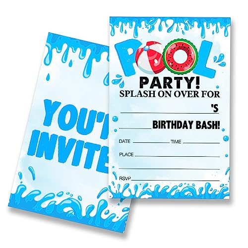 EUDOSI Pool Birthday Party Invitations Supplies Fill-In Set of 20 with Envelopes Splash Birthday Bash Invites Cards, Double Sided
