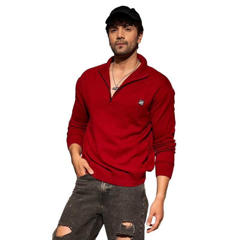 Red Turtle Neck Quarter Zip Sweater for Men & Women | Oversized Acrylic Wool Winter Knit with Ribbed Neckline | Cozy Warm Pullover for Everyday Comfort-image-47