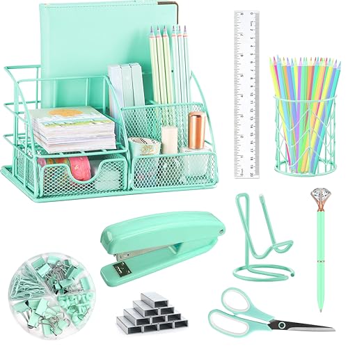 KAAKOW Green Desk Organizers and Accessories Office Supplies Set Stapler,