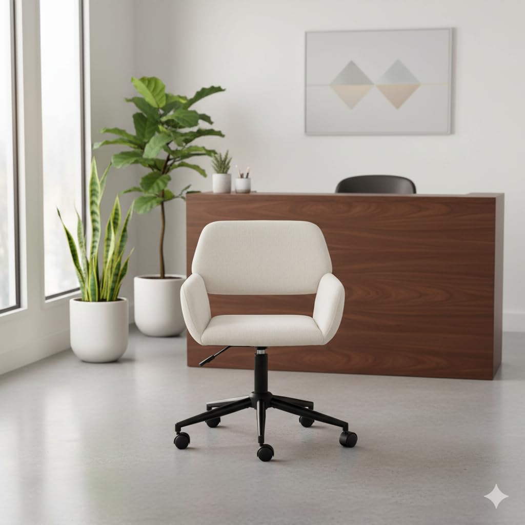 Ergonomiczne obrotowe krzesło w kolorze beżowym szenilowym – regulowana wysokość i miękkie wyściełanie, idealne do domowego biura i nauki, funkcja obracania i regulacji wysokości