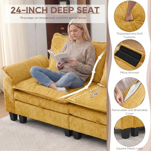 Image of IPKIG 82.3 inch Modular Cloud Couch with Storage, U Shaped Sectional Sofa with Ottoman & Pillow, Chenille Deep Seat Sectional Couches for Living Room, Apartment, Yellow