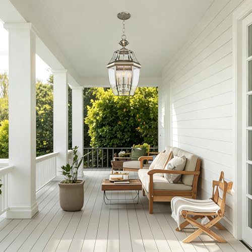Image of Large Outdoor Pendant Light Fixture 3-Light, 20in Modern Silver Outdoor Chandelier Hanging Porch Light, Metal Exterior Ceiling Mount Hanging Lantern with Clear Glass for Front Door, Entrance, Gazebo