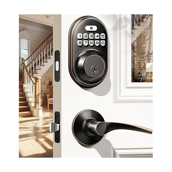 Veise Keyless Entry Door Lock with 2 Lever Handles - Electronic Keypad Deadbolt, Auto Lock, Back Lit & Easy Installation Design, Front Door Handle Sets, Oil Rubbed Bronze