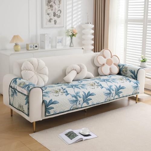 Image of HOKIPO 'HomeHues Series' Printed Quilted Sofa Seat Mat for 2 Seater Sofa with 2 Armrest Covers with Pockets, Celadon Blue Camellia (IN-807-D8 + IN-814-D8*2)