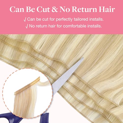 Image of GOO GOO Genius Weft Hair Extensions Human Hair, Sew In Weft Extensions, Seamless Blend & No Bulk Flat, Natural Volume for Women, 18A /613A Dark Blonde Highlighted Bleach Blonde 14 Inch 50g