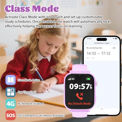 Image of 4G Kids Smart Watch for Boys Girls with GPS Tracker, SOS, Two Way Call Video Calling Voice Chat,School Mode, Alarm Clock,Safe Zones,Pedometer,Stopwatch,Games Children Smartwatch for 4-12 (4G Purple)
