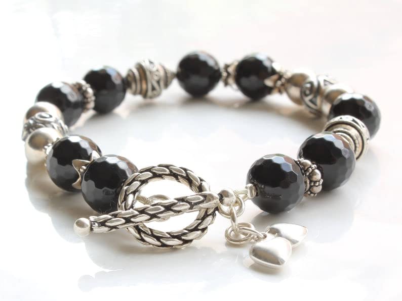 Unisex black onyx 10mm round faceted beads 7 inch stacking bracelet with 925 sterling silver - silver plated clasp4