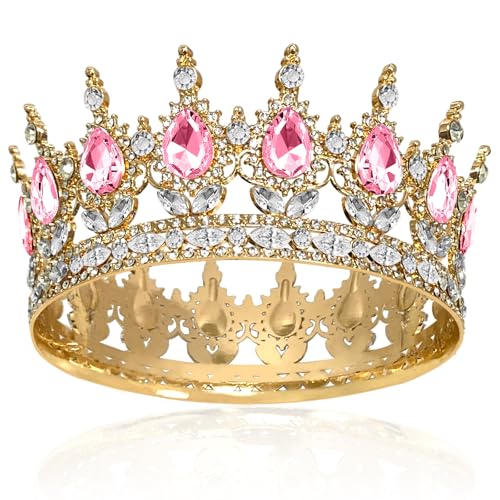 Diadème Rond pour Fille, Couronne Baroque Princesse, Strass Scintillants Couronne de Mariage, pour Carnaval Pageant Party Anniversaire Fête (Rose)