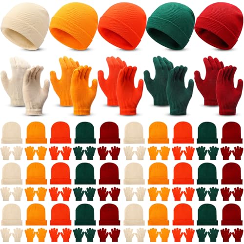 Handepo 60Pcs Kids Winter Beanie and Gloves Bulk Knit Hats Gloves Warm Unisex Cold Weather Winter Gifts for Boy Girl Homeless(Christmas Color)