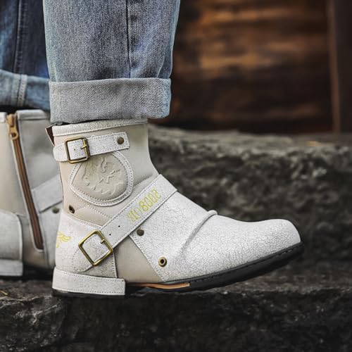 Mid Top Zipper Boot Mens Western Chelsea Cowboy Boots Square Toe Lug Sole Non Slip White Motorcycle Boots4