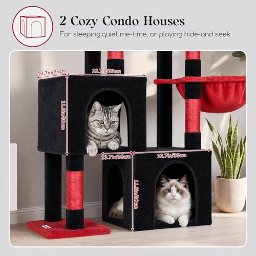 Image of Globlazer 52in Gothic Cat Tree for Indoor Cats, 2 Condos, S52, Black Red | Multi-Level Plush House, 5 Sisal Scratching Posts, 2 Padded Top Perches, Big Metal Basket, Stable Enlarged Base