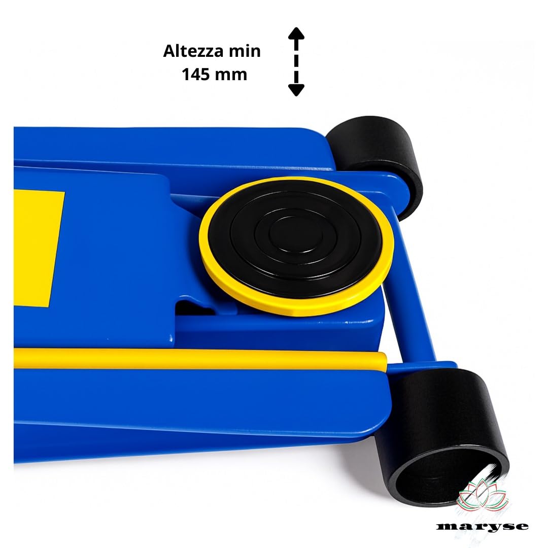 Maryse Cric Idraulico a Carrello Professionale 4 Ton – Sollevatore da Officina in Acciaio Rinforzato con Doppio Pistone – Altezza 145-500 mm, Valvola di Sicurezza, Ergonomica e Ruote Girevoli