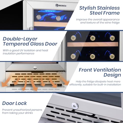 Weinkühler für 28 Flaschen, 38,1 cm, nahtloser Edelstahl, eingebauter freistehender Weinkühlschrank, doppellagige gehärtete Glastür mit Schloss, Weinkeller unter der Theke