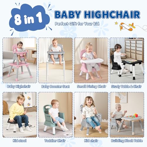 Kinder King 8 in 1 Baby High Chair, Coverts to Dining Booster Seat/Kids Table & Chair Set/Toddler Building Block Table/Kids Stool, Removable Tray & Double Seat Cover, Easy to Wipe, Black & White