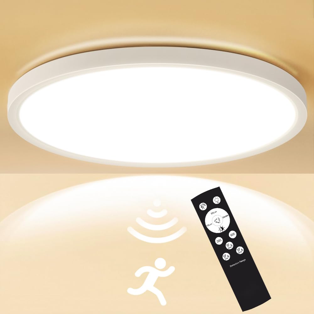 Heyseven LED Deckenleuchte mit Bewegungsmelder, 24W 2700LM LED Deckenlampe Dimmbar mit Fernbedienung, Radar Sensorlicht Für Balkon, Garage, Treppen, Keller, Flur, Diele Ø30cm 3000K/4000K/6000K
