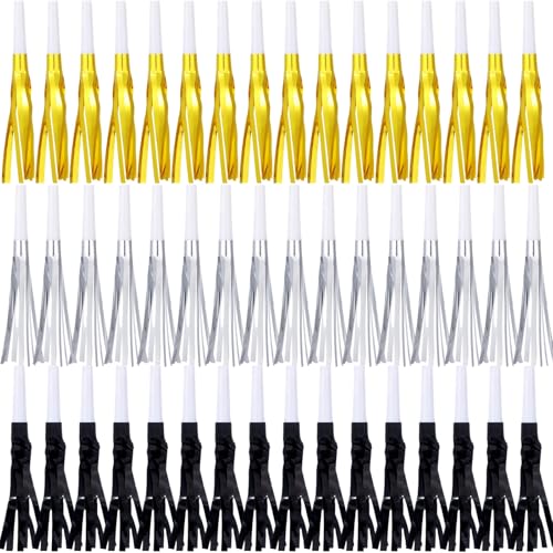 LCPQMZGH 48 Pcs Gold Party Blowers, New Years Noise Makers for Kids Women Men, Birthday Blowers, Happy New Year Party Favors Metallic Fringed Party Horns