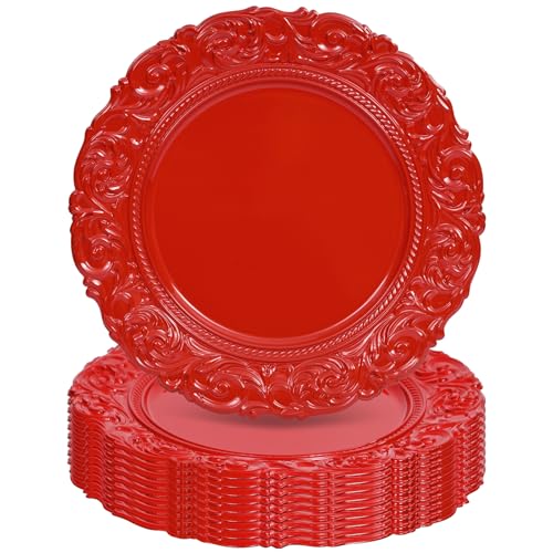 Tomeurperf Red Charger Plates Bulk 10Pcs - 13 Red Chargers for Dinner Plates Floral Embossed Decorative Charger Plate for Wedding & Event Kitchen Party Decoration