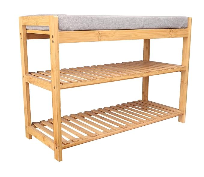 Keeam Decor 3-Tier Wooden Shoe Storage Bench with Cushioned Seat, Natural Bamboo Frame, Grey Cushion 3