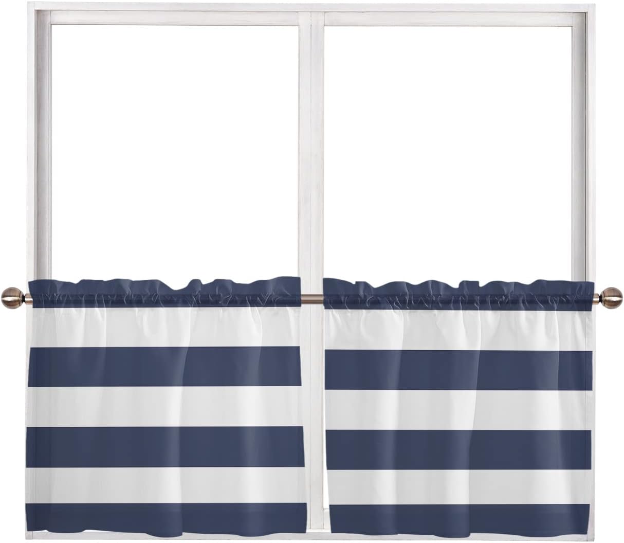YOKOU Short Sheer Curtains, Nautical Stripes Navy Blue White Light Filter Rod Pocket Voile Kitchen Window Curtains for Bathroom Bedroom Living Room, 2 Panels 27.5" Wx24 L