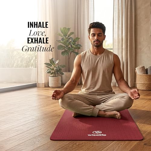 Image of WiseLife Classic Eco-TPE 6 MM Yoga Mat with Yoga Strap for Men & Women | Extra Thick, Long & Wide Non-Slip, Anti-Tear Exercise Mat for Home, Gym, Workout, Fitness, Yoga & Pilates (Maroon)