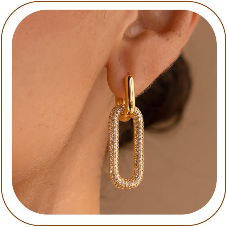 Gold Earrings for Women Trendy, Simple Dainty 14K Gold Plated Paperclip Square Chain Link Dangle Hoops Earrings Pin Stud Huggie Earrings Lightweight Hypoallergenic Minimalist Aesthetic Gold Jewelry for Christmas Gifts