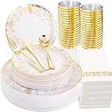 Supernal 175pcs Thanksgiving Gold Plastic Plates,Disposable Dinnerware Set,Elegant Thanksgiving Maple Leaf Design,25Gold Plastic Silverware,25Gold Disposable Cups and Gold Paper Napkins